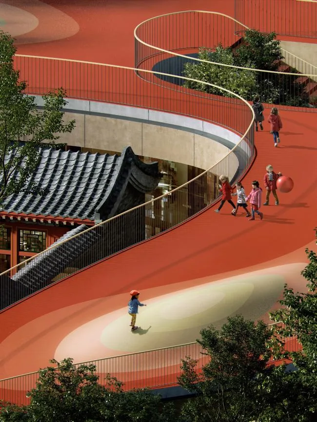 BIM建筑|MAD为北京四合院设计漂浮屋顶幼儿园，孩子们可以“上房揭瓦”啦