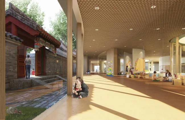BIM建筑|MAD为北京四合院设计漂浮屋顶幼儿园，孩子们可以“上房揭瓦”啦