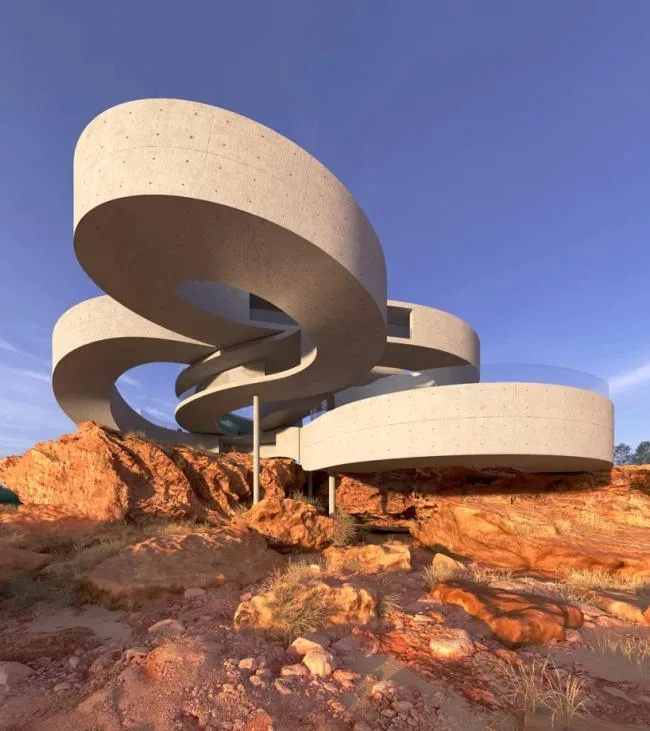 BIM建筑|悬空于戈壁景不雅之上的蜿蜒纠缠的混凝土体量