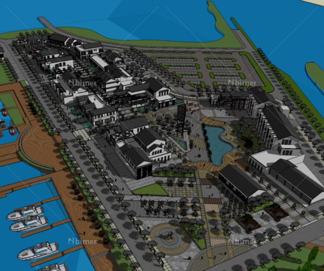 Sketchup Planning Model | Multi story Commercial Street Pedestrian Street, New Chinese Style, Pier, Architectural Planning, Waterfront