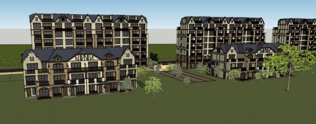 Sketchup别墅模型|联排别墅，德式风格，多层花园洋房，底层商业，西方新古典