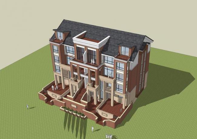 Sketchup别墅模型|双拼别墅，新中式风格