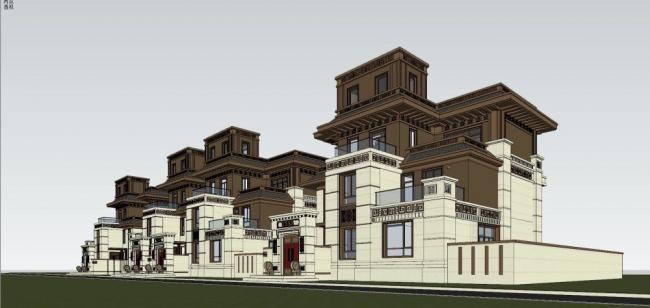 Sketchup别墅模型|联排别墅，中式风格，居住建筑
