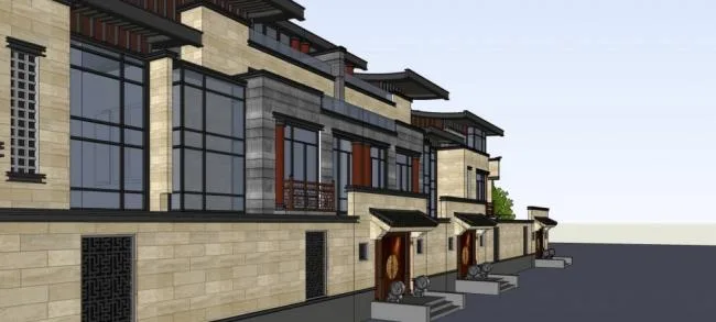 Sketchup别墅模型|联排别墅，多层，居住建筑，中式风格