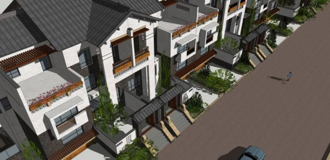 Sketchup别墅模型|联排别墅，新中式风格，居住建筑