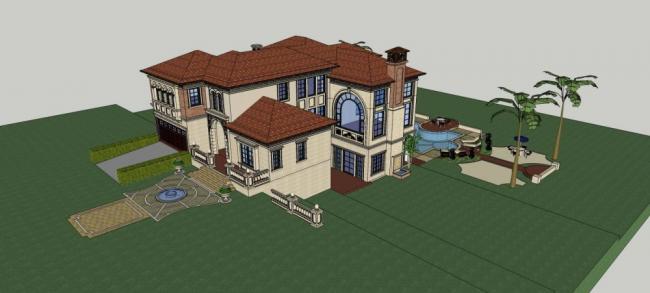 Sketchup别墅模型|山地别墅，西班牙风格，居住建筑，独栋别墅，多层，欧式