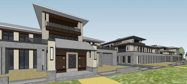 Sketchup别墅模型|沿湖别墅群，中式风格，多层居住建筑，独栋别墅