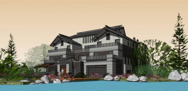 Sketchup别墅模型|独栋别墅，新中式风格