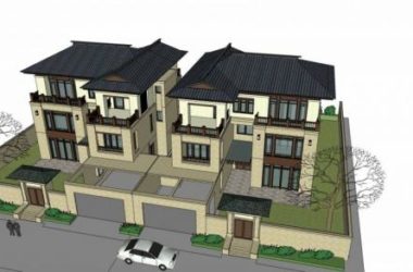 Sketchup别墅模型|双拼别墅，新中式风格，多层，居住建筑-BIM建筑网