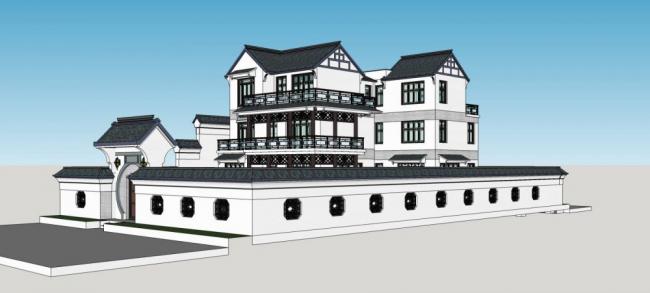 Sketchup别墅模型|庭院别墅，中式风格