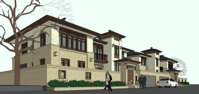 Sketchup别墅模型|福德门， 中式风格，双拼别墅