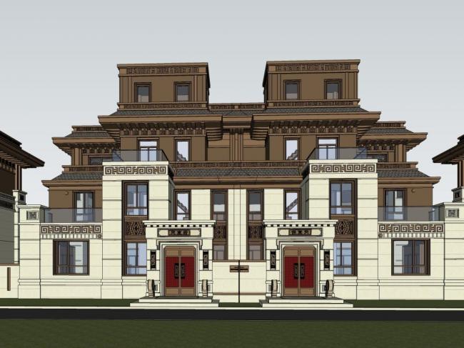 Sketchup别墅模型|双拼别墅，中式风格
