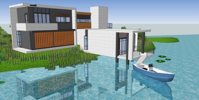 Sketchup别墅模型|山地临湖别墅，现代风格