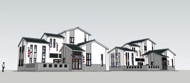 Sketchup别墅模型|坡顶院墅，独栋别墅，中式风格