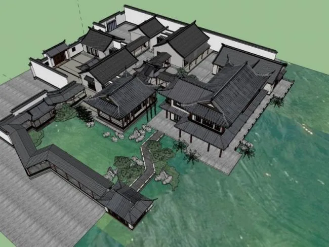 Sketchup别墅模型|多层别墅，中式风格，中式园林