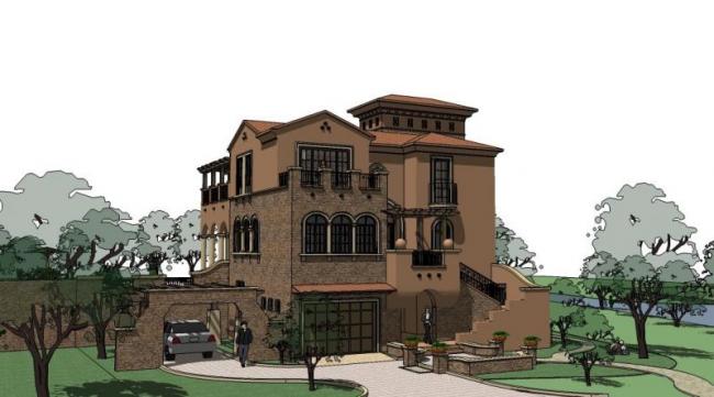 Sketchup别墅模型|独栋别墅，西班牙，古典风格，地中海