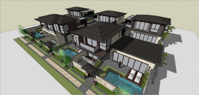Sketchup别墅模型|联排别墅，新中式风格，居住建筑