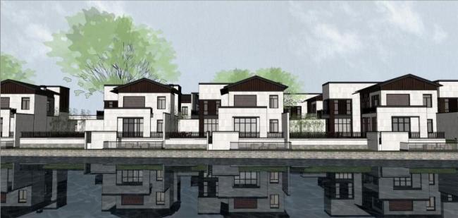 Sketchup别墅模型|联排别墅，新中式风格