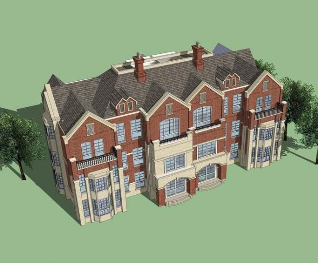 Sketchup别墅模型|双拼别墅，英式风格，古典风格