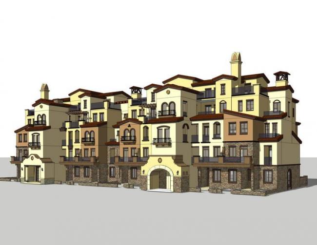 Sketchup别墅模型|叠拼别墅，联排别墅，西班牙风格，古典风格