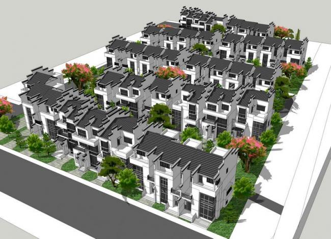 Sketchup别墅模型|联排别墅，中式风格