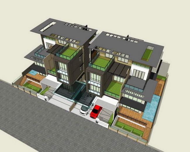 Sketchup别墅模型|双拼别墅，现代风格