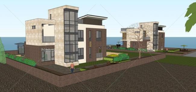 Sketchup别墅模型|多层海景房，独栋别墅，现代风格