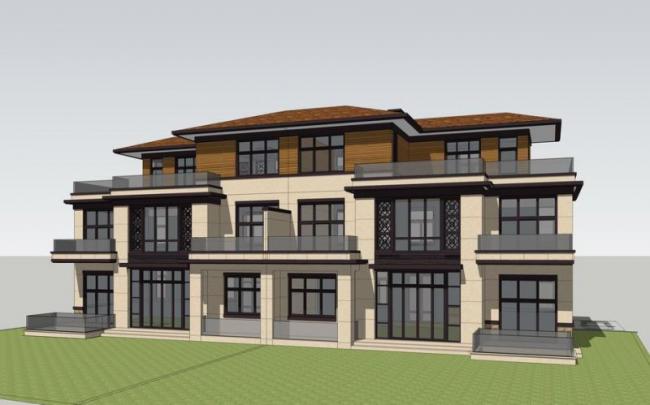 Sketchup别墅模型|双拼别墅，简欧风格，古典风格