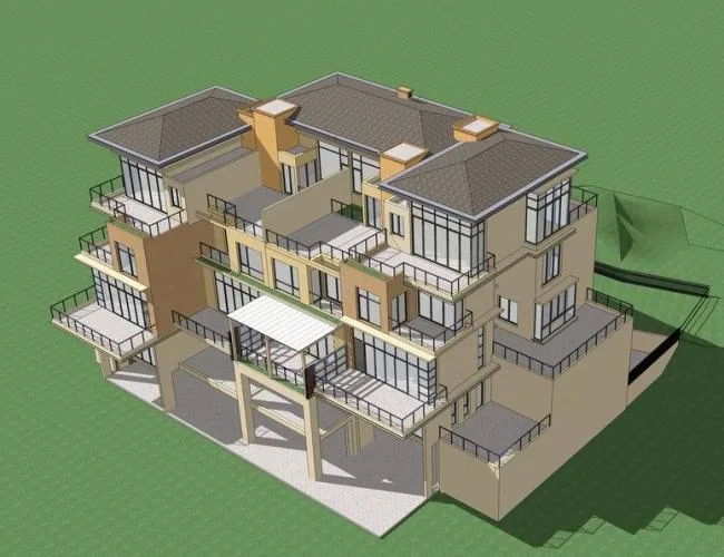 Sketchup别墅模型|双拼别墅，叠拼，现代风格
