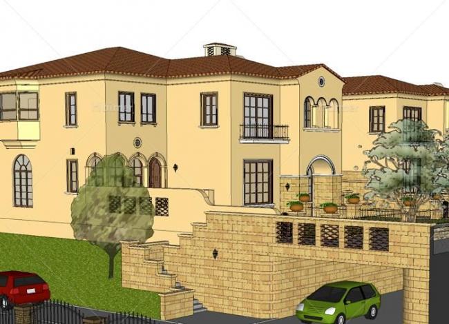 Sketchup别墅模型|双拼别墅，古典风格，西班牙风格