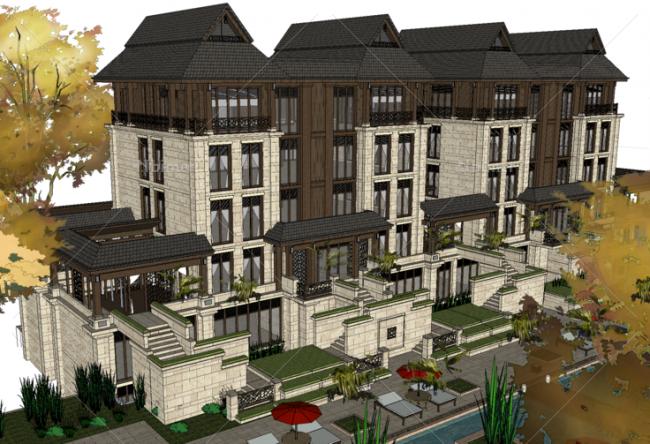 Sketchup别墅模型|叠拼别墅，东南亚风格，多层，度假别墅