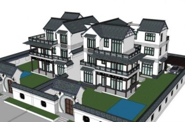 Sketchup别墅模型|徽派双拼别墅，现代中式风格-BIM建筑网