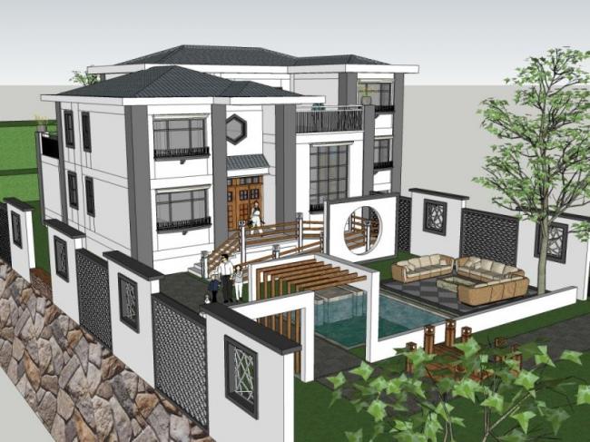 Sketchup别墅模型|独栋别墅，现代中式风格