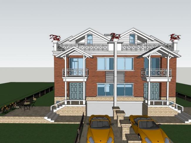 Sketchup别墅模型|双拼别墅，现代风格