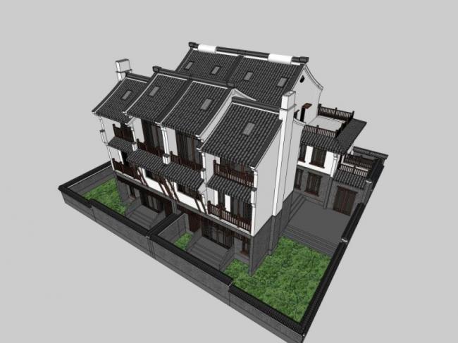 Sketchup别墅模型|双拼别墅，现代中式风格