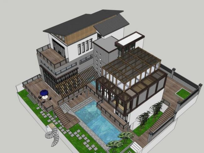 Sketchup别墅模型|叠拼别墅，现代风格