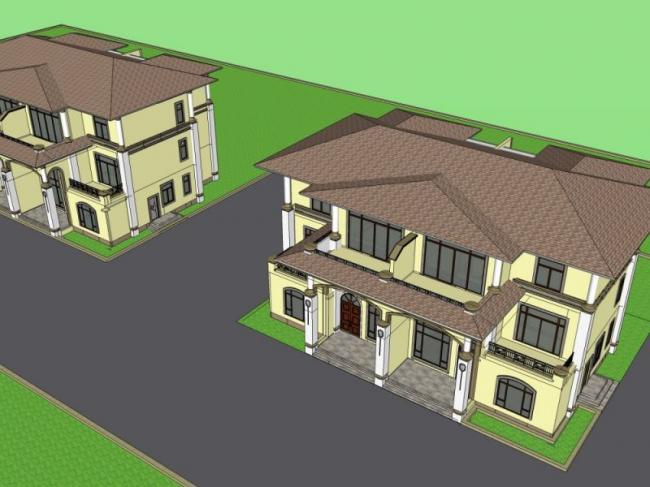 Sketchup别墅模型|双拼别墅，现代风格