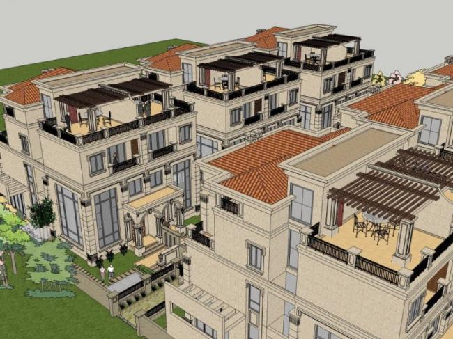 Sketchup别墅模型|联排别墅，现代风格