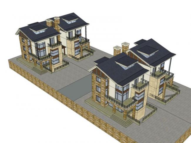 Sketchup别墅模型|双拼别墅，欧式风格