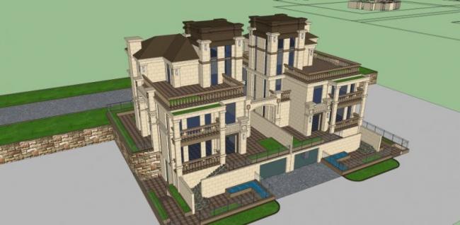 Sketchup别墅模型|叠拼双拼别墅，古典风格