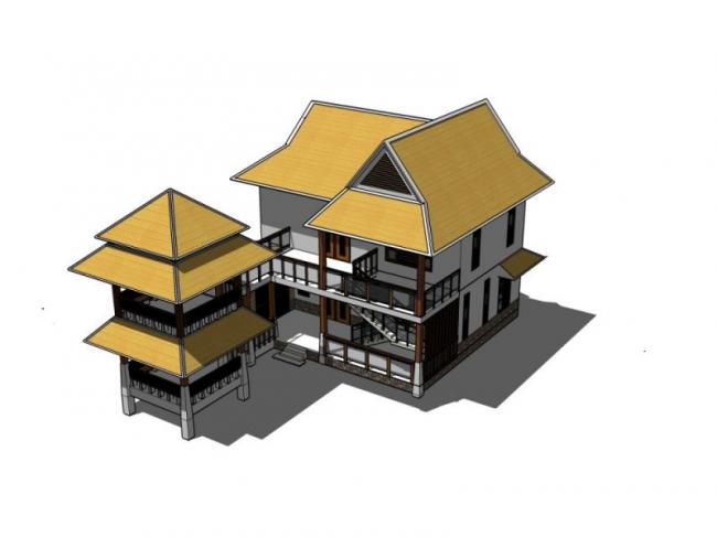 Sketchup别墅模型|独栋别墅，东南亚风格，古典风格