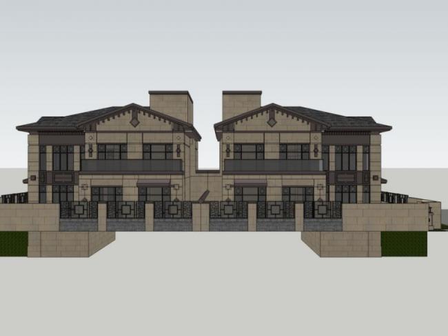 Sketchup别墅模型|双拼别墅，中式风格