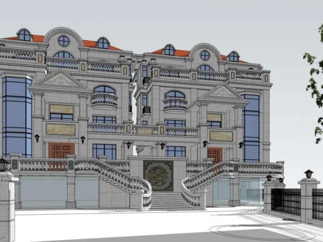 Sketchup别墅模型|双拼别墅，古典风格