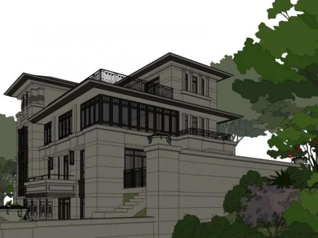 Sketchup别墅模型|独栋别墅，古典风格