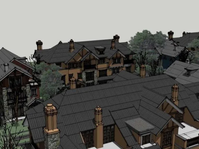 Sketchup别墅模型|双拼别墅群，古典风格