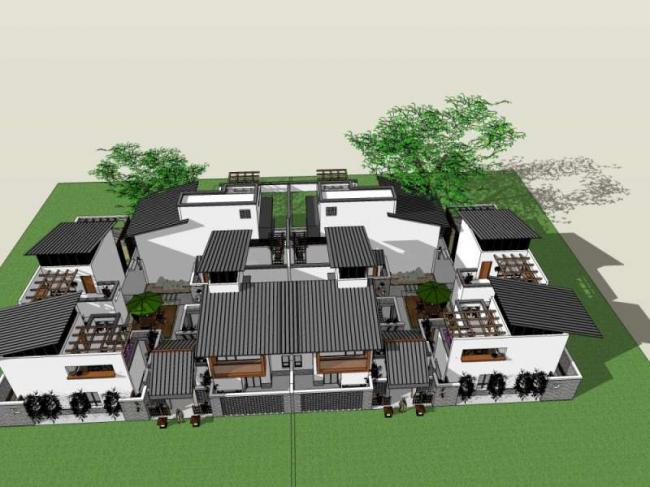 Sketchup别墅模型|双拼别墅，中式风格