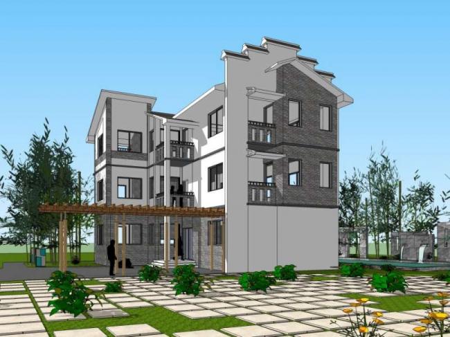 Sketchup别墅模型|多层徽派别墅住宅，中式风格