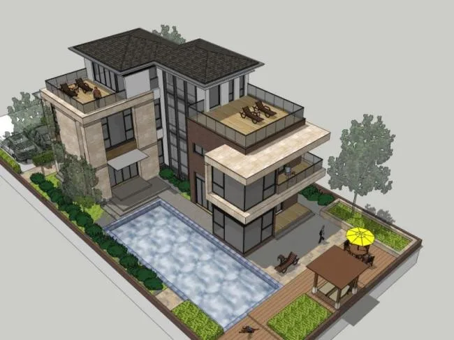 Sketchup别墅模型|叠拼别墅，现代风格