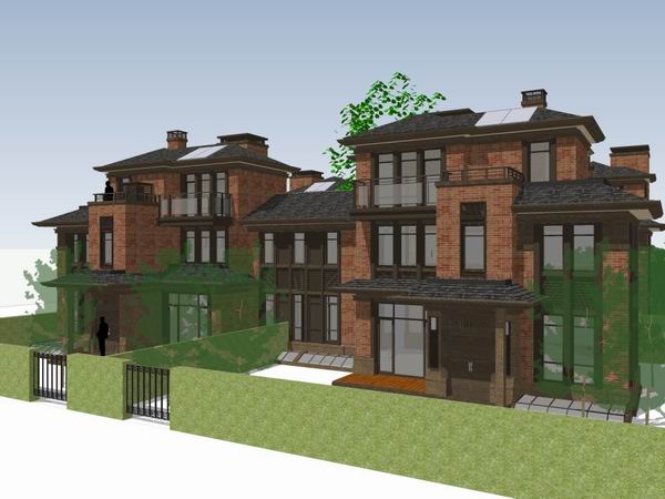 Sketchup别墅模型|四拼合院别墅群，古典风格