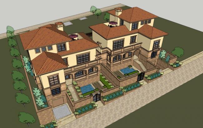 Sketchup别墅模型|双拼别墅，古典风格